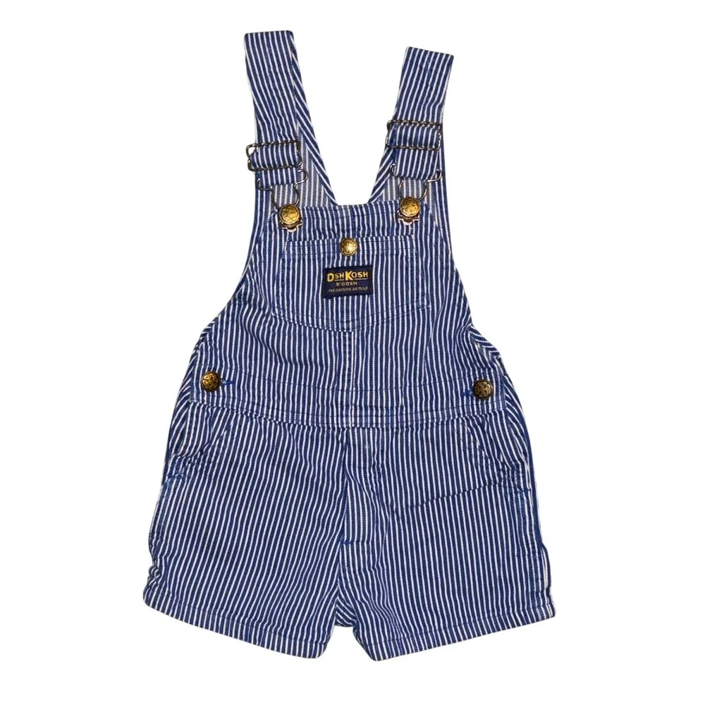 Vtg OshKosh Bgosh Kids 4T Hickory Stripe Denim Shortalls Made in USA Blue White